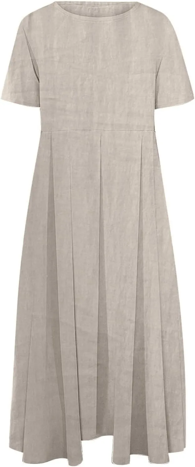 JOAU Plus Size Cotton Linen Maxi Dress for Women 2025 Casual Loose Crew Neck Short Sleeve Beach Vacation Pleated A Line Dress