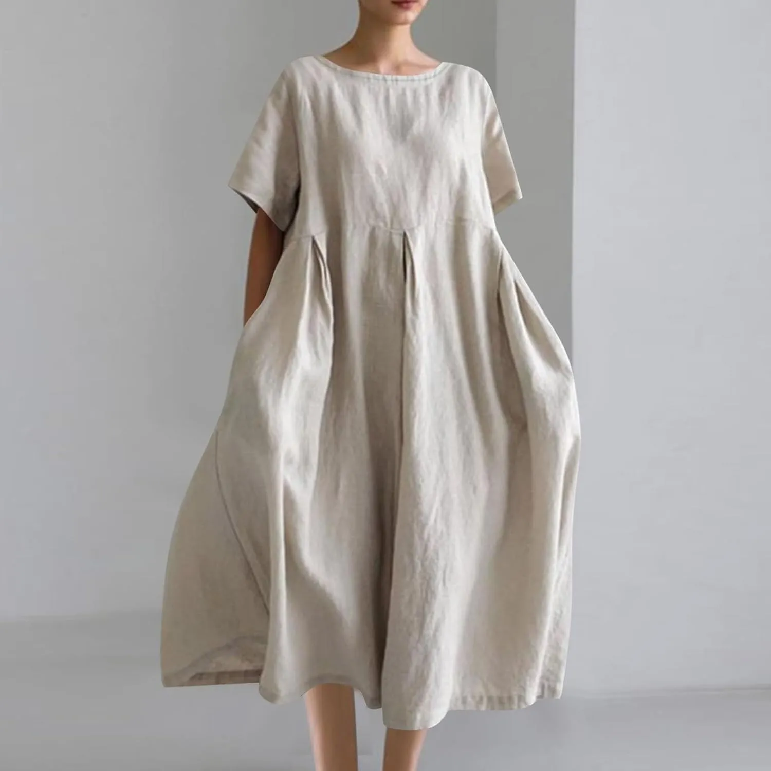 JOAU Plus Size Cotton Linen Maxi Dress for Women 2025 Casual Loose Crew Neck Short Sleeve Beach Vacation Pleated A Line Dress