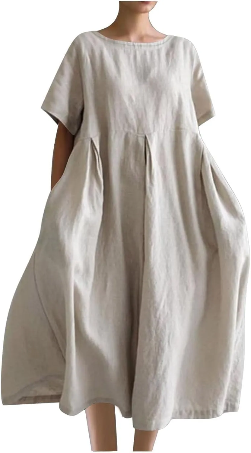 JOAU Plus Size Cotton Linen Maxi Dress for Women 2025 Casual Loose Crew Neck Short Sleeve Beach Vacation Pleated A Line Dress