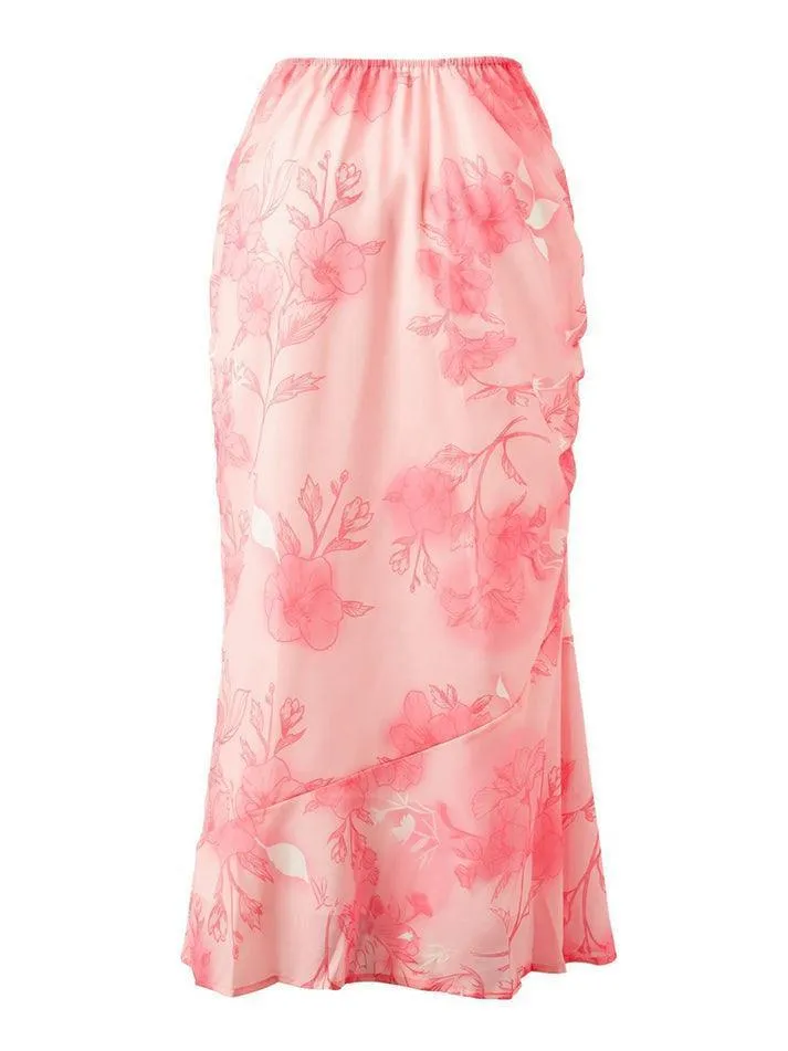 LANFUBEISI - Chiffon Floral Print Midi Skirt