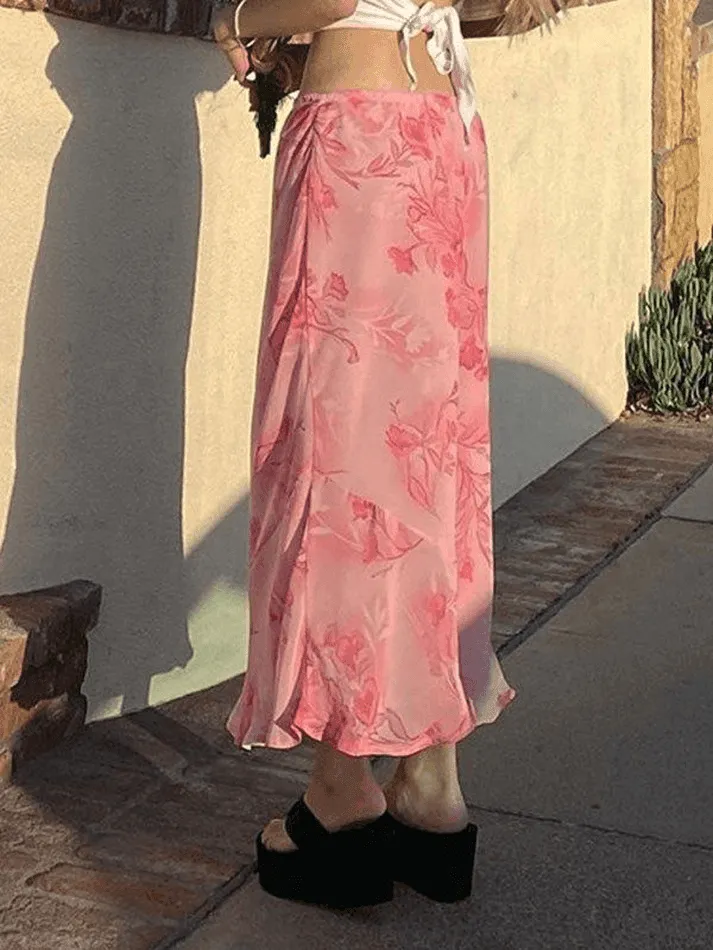 LANFUBEISI - Chiffon Floral Print Midi Skirt