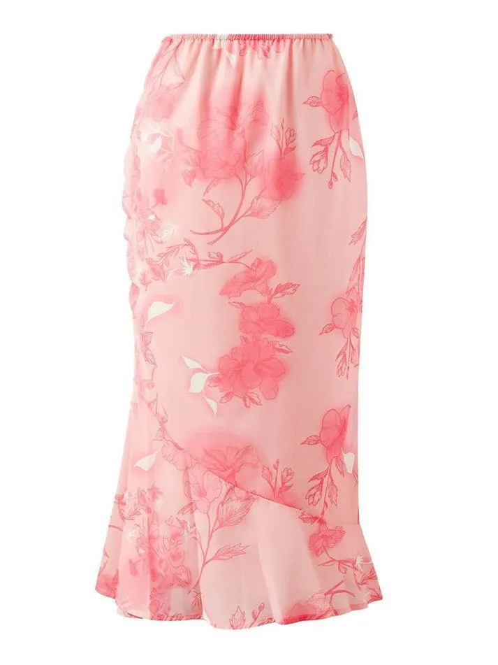 LANFUBEISI - Chiffon Floral Print Midi Skirt