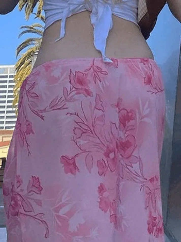 LANFUBEISI - Chiffon Floral Print Midi Skirt