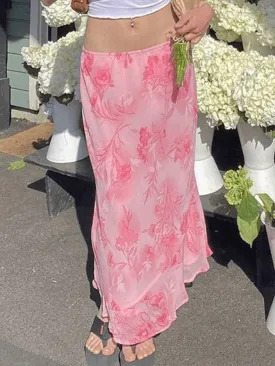 LANFUBEISI - Chiffon Floral Print Midi Skirt