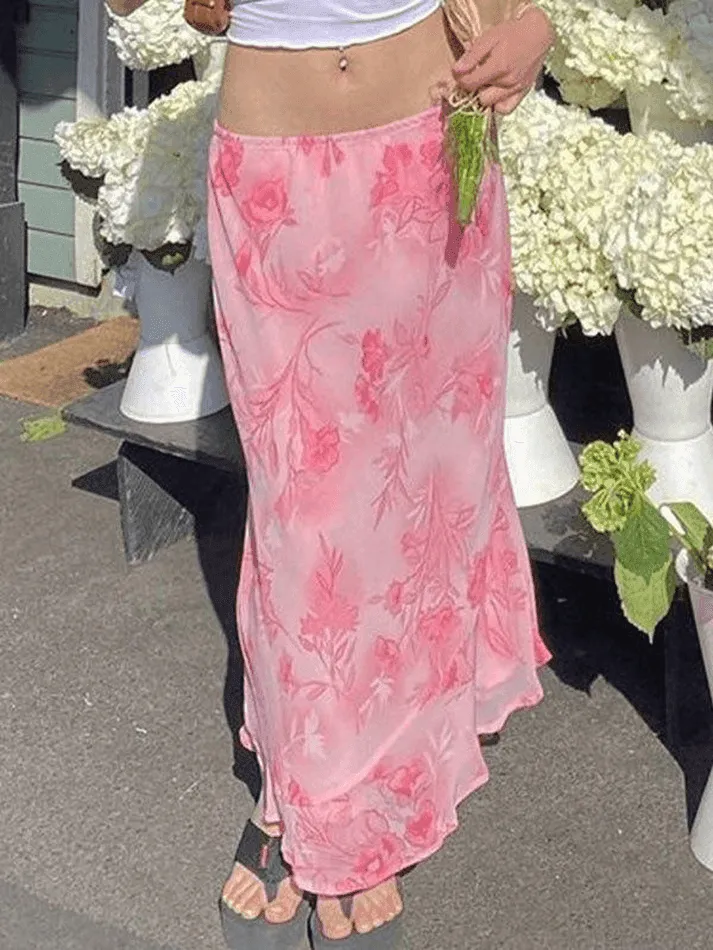 LANFUBEISI - Chiffon Floral Print Midi Skirt