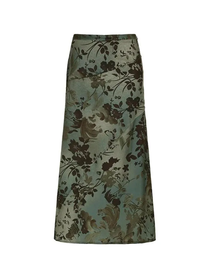 LANFUBEISI - Vintage Flower Print Irregular Splice Midi Skirt
