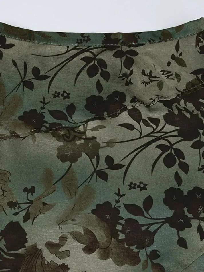 LANFUBEISI - Vintage Flower Print Irregular Splice Midi Skirt