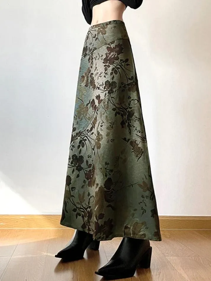 LANFUBEISI - Vintage Flower Print Irregular Splice Midi Skirt