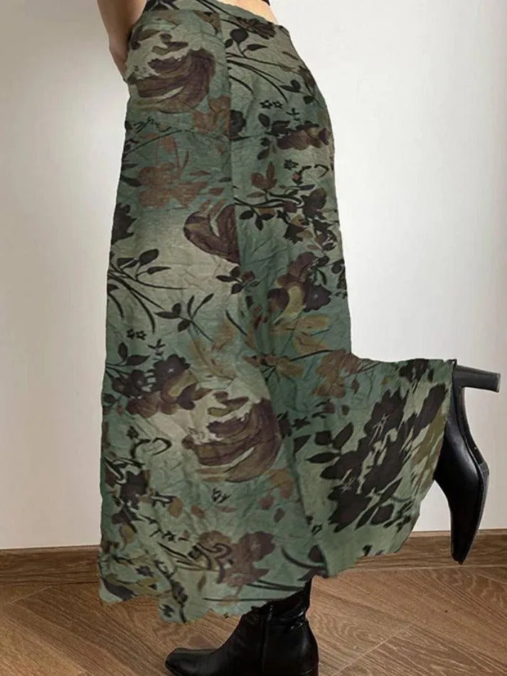 LANFUBEISI - Vintage Flower Print Irregular Splice Midi Skirt