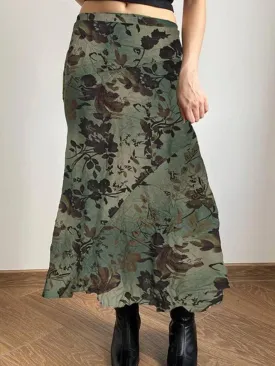 LANFUBEISI - Vintage Flower Print Irregular Splice Midi Skirt