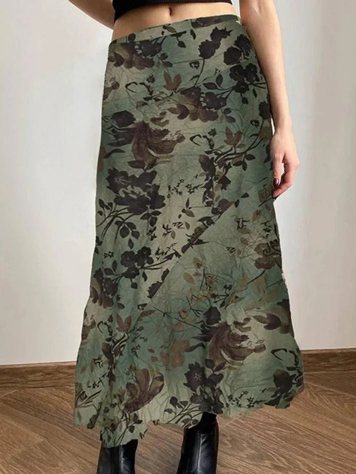 LANFUBEISI - Vintage Flower Print Irregular Splice Midi Skirt