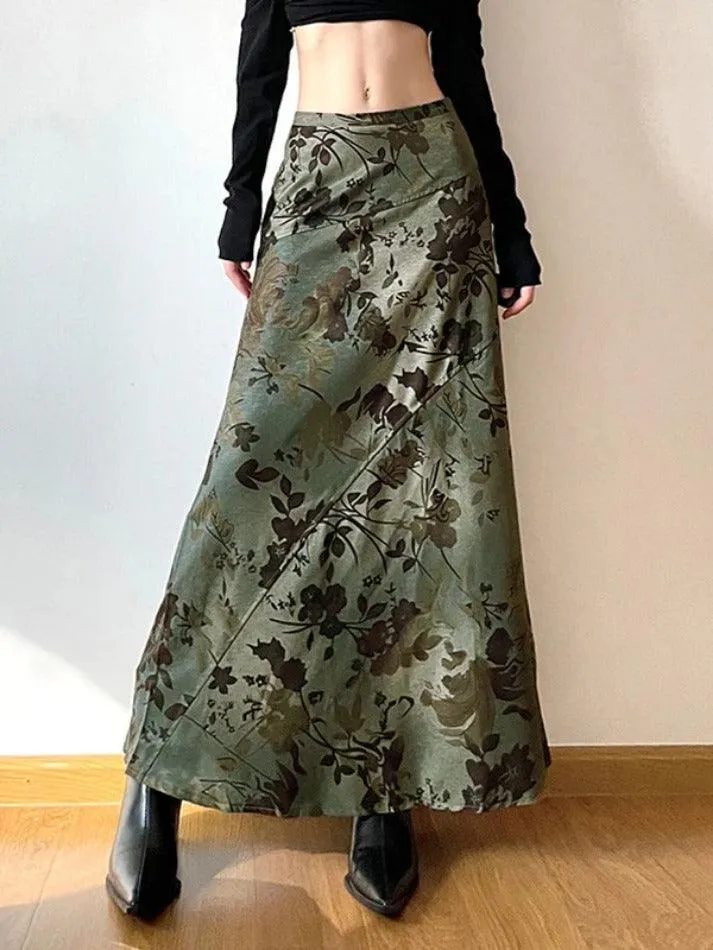 LANFUBEISI - Vintage Flower Print Irregular Splice Midi Skirt