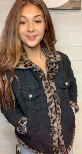Leopard Black Denim Jacket