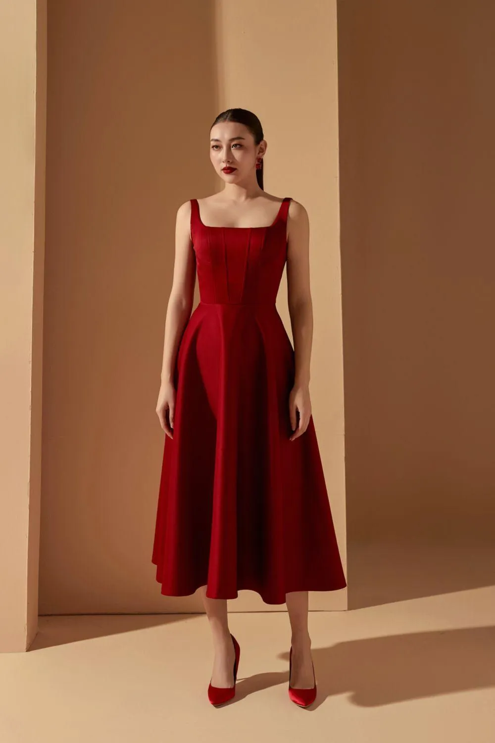 Liliana A-line Square Neck Taffeta Midi Dress