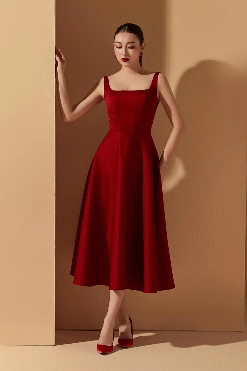 Liliana A-line Square Neck Taffeta Midi Dress