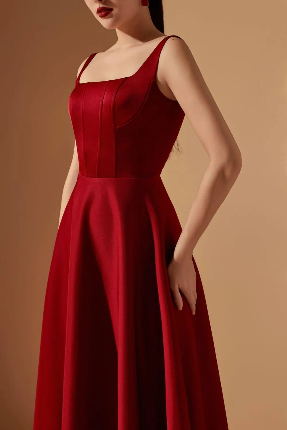 Liliana A-line Square Neck Taffeta Midi Dress