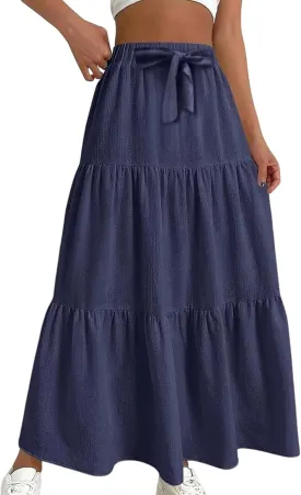 Linen Maxi Skirts for Women Casual Flowy Swing A-Line Skirt Bow Tie Elastic Waist Tiered Long Beach Dress