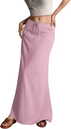 Linen Maxi Skirts for Women Elastic Waist Drawstring Long Flowy Skirts Summer Comfy A Line Dresses Vacation Boho Skirt