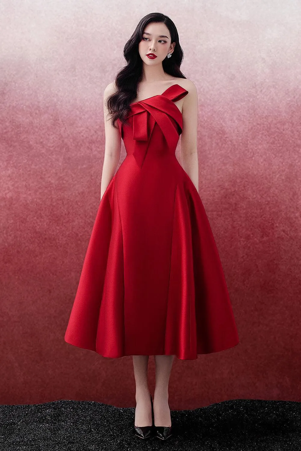Lona Strapless Draped Trerena Taffeta Midi Dress