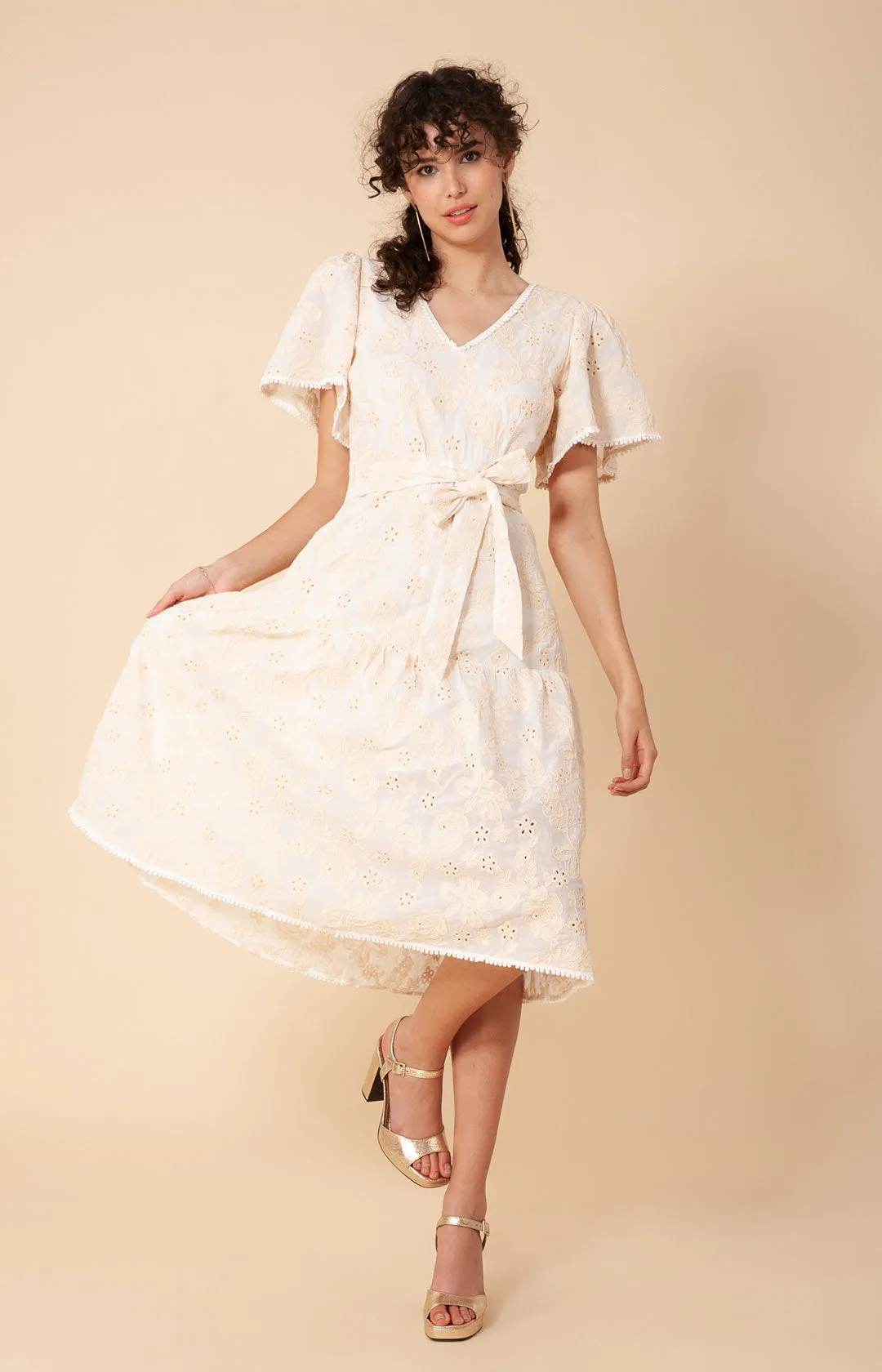 Mavis Embroidered Midi Eyelet Dress