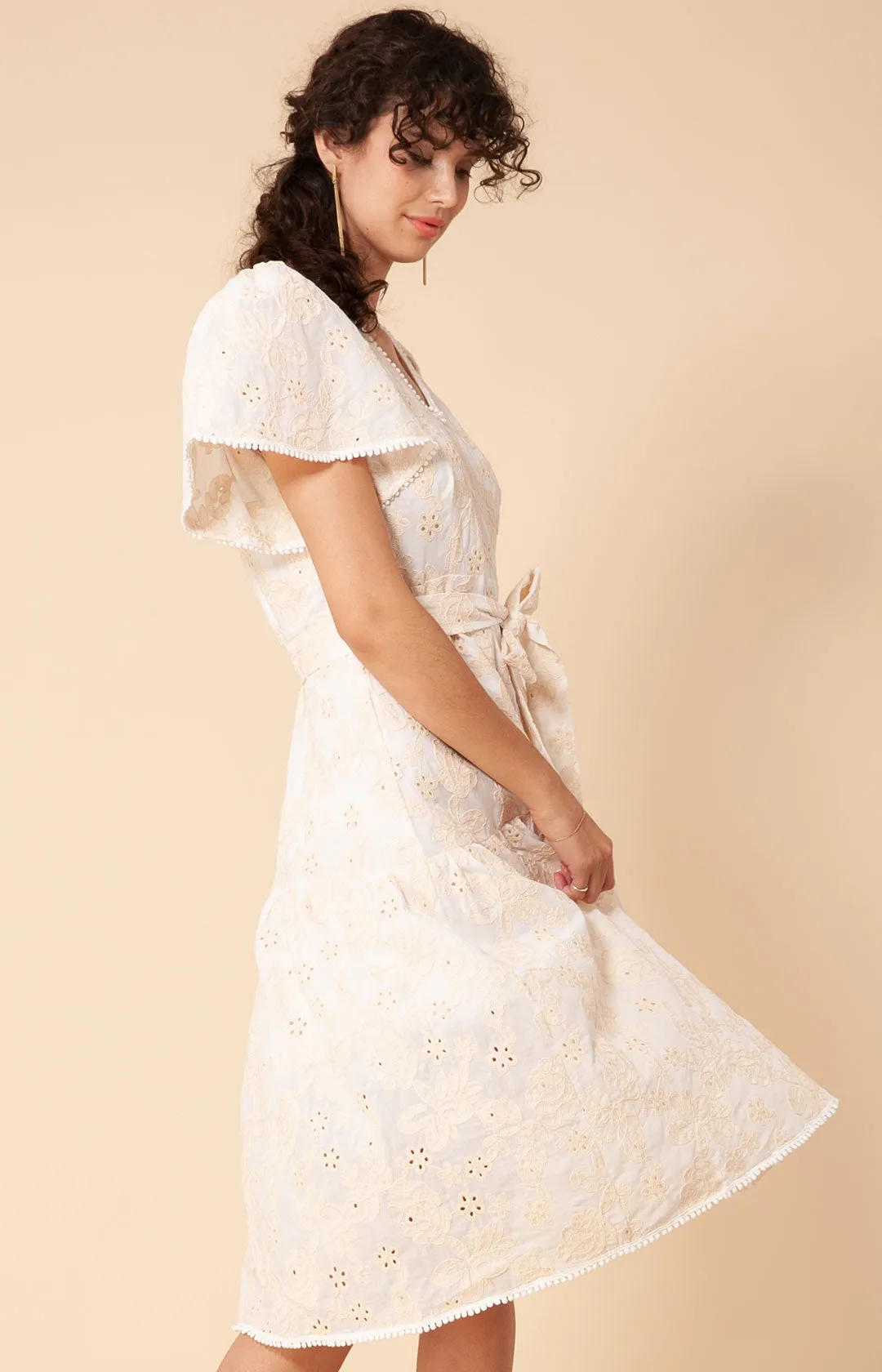 Mavis Embroidered Midi Eyelet Dress