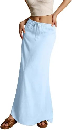 Maxi Skirt Linen Cotton Flared Ankle Length Long Flowy Elastic Low Waist Drawstring Summer Casual Dresses for Women