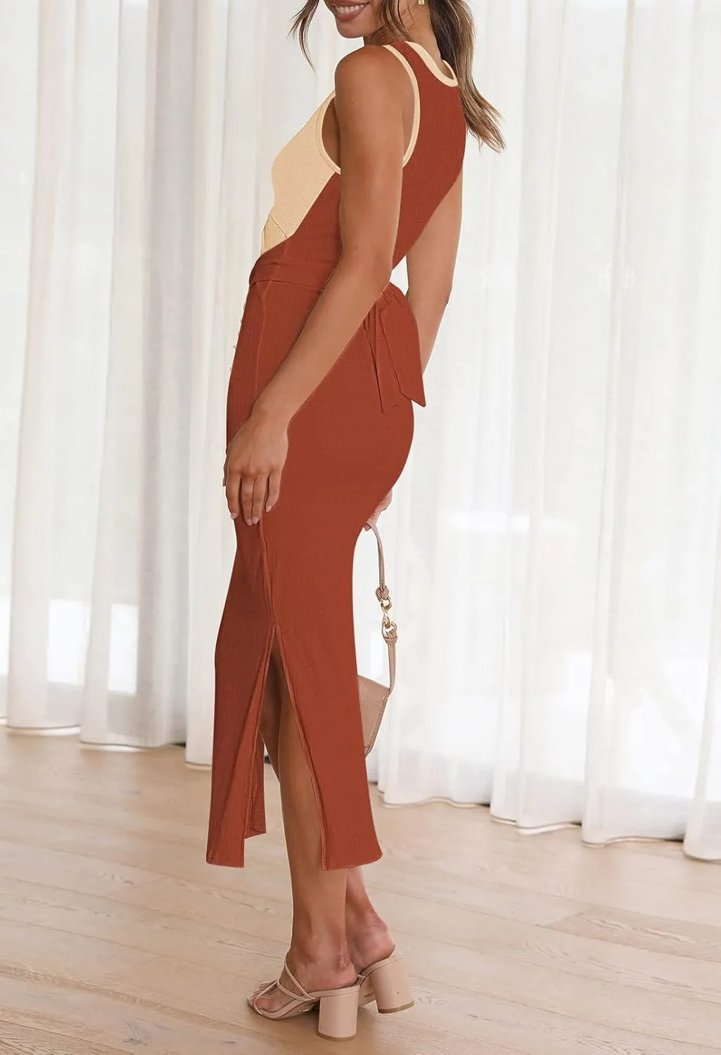Meenew Women's Sleeveless Summer Long Bodycon Dress Twist Cutout Midi Sheath Dress Ruched Tie Back Tank Dress with Slit