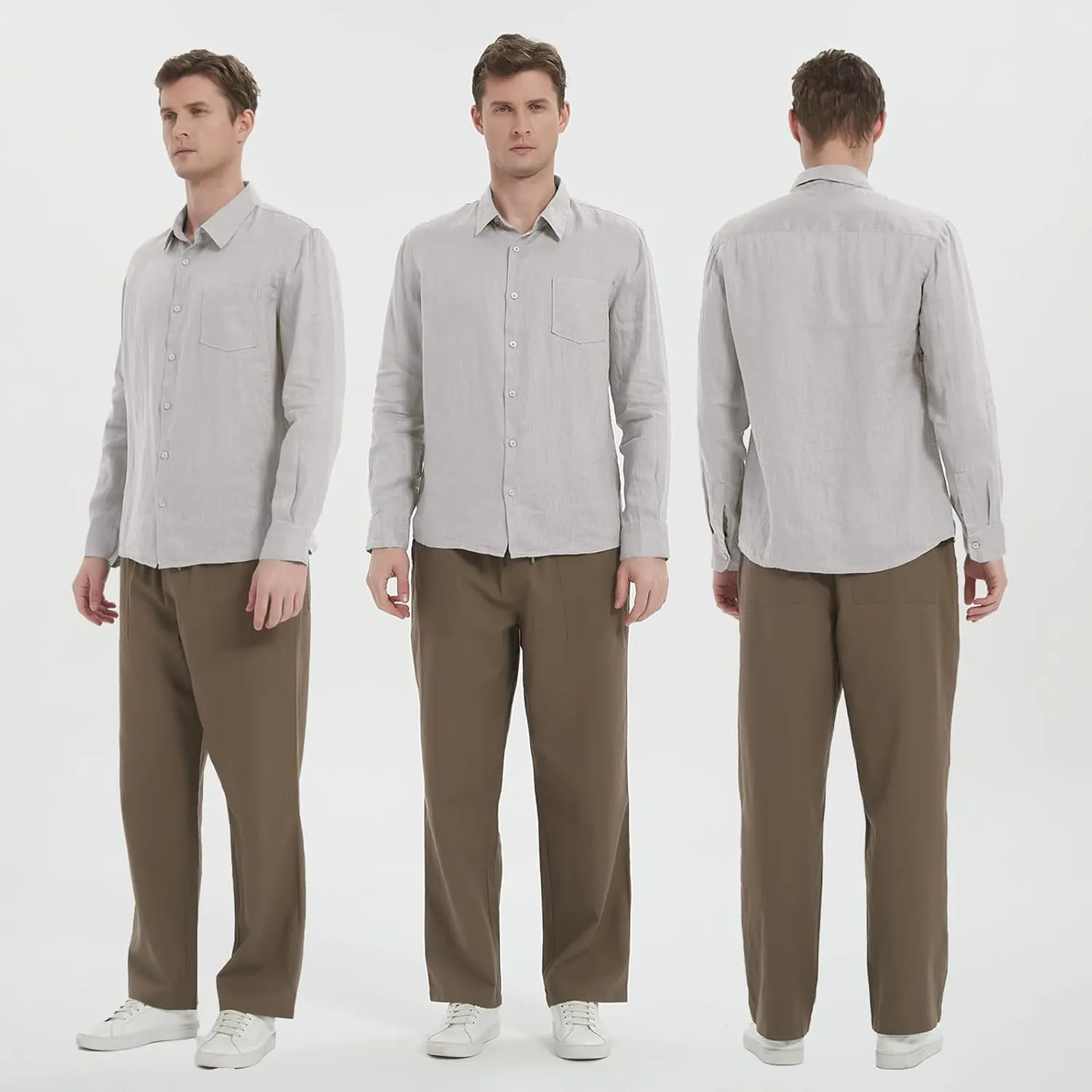 Men's 100% Linen Shirt Casual Long Sleeve Button-Down Shirt for Men Lightweight Linen Shirt with Pockets