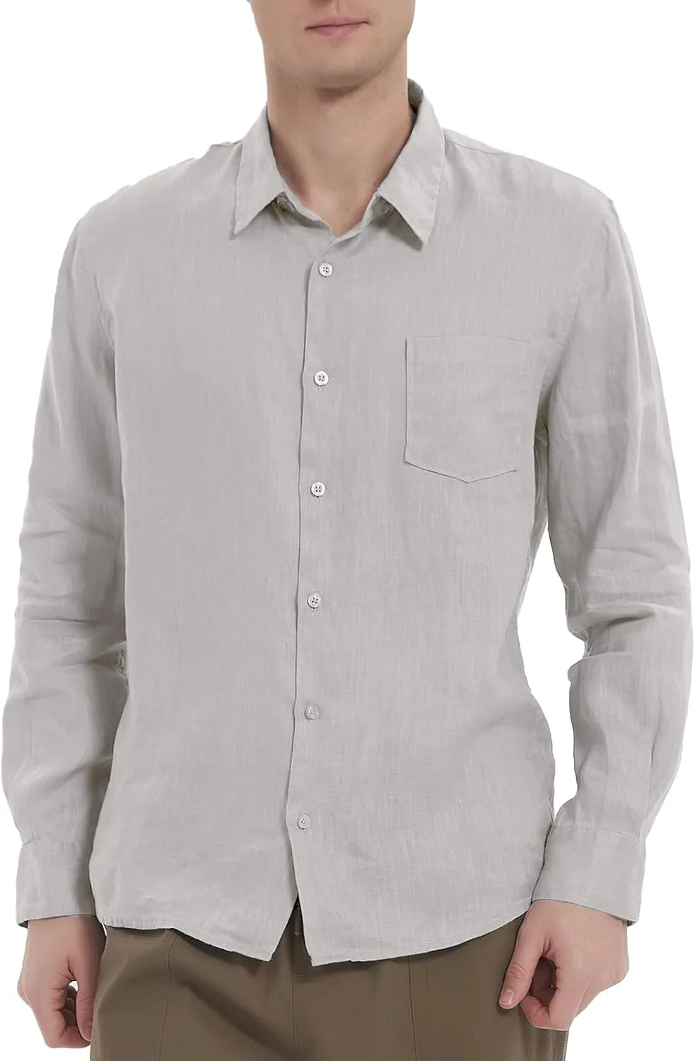 Men's 100% Linen Shirt Casual Long Sleeve Button-Down Shirt for Men Lightweight Linen Shirt with Pockets