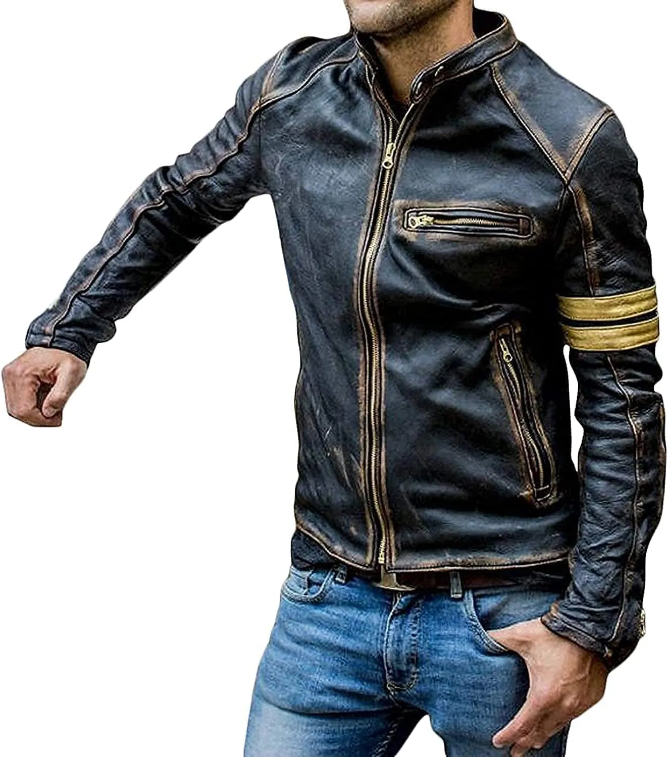 Mens Elite Vintage Motorcycle Caf Racer Jacket - Distressed Lambskin Leather Jacket
