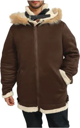 Men's Faux Leather Jacket Cozy Sherpa Fleece Lined Bomber Jackets Winter Suede Trench Coat with Faux Fur Trim Hood