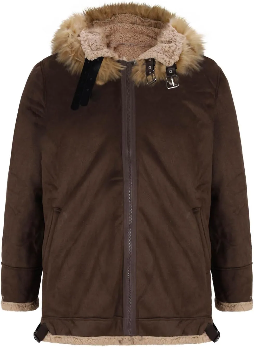 Men's Faux Leather Jacket Cozy Sherpa Fleece Lined Bomber Jackets Winter Suede Trench Coat with Faux Fur Trim Hood