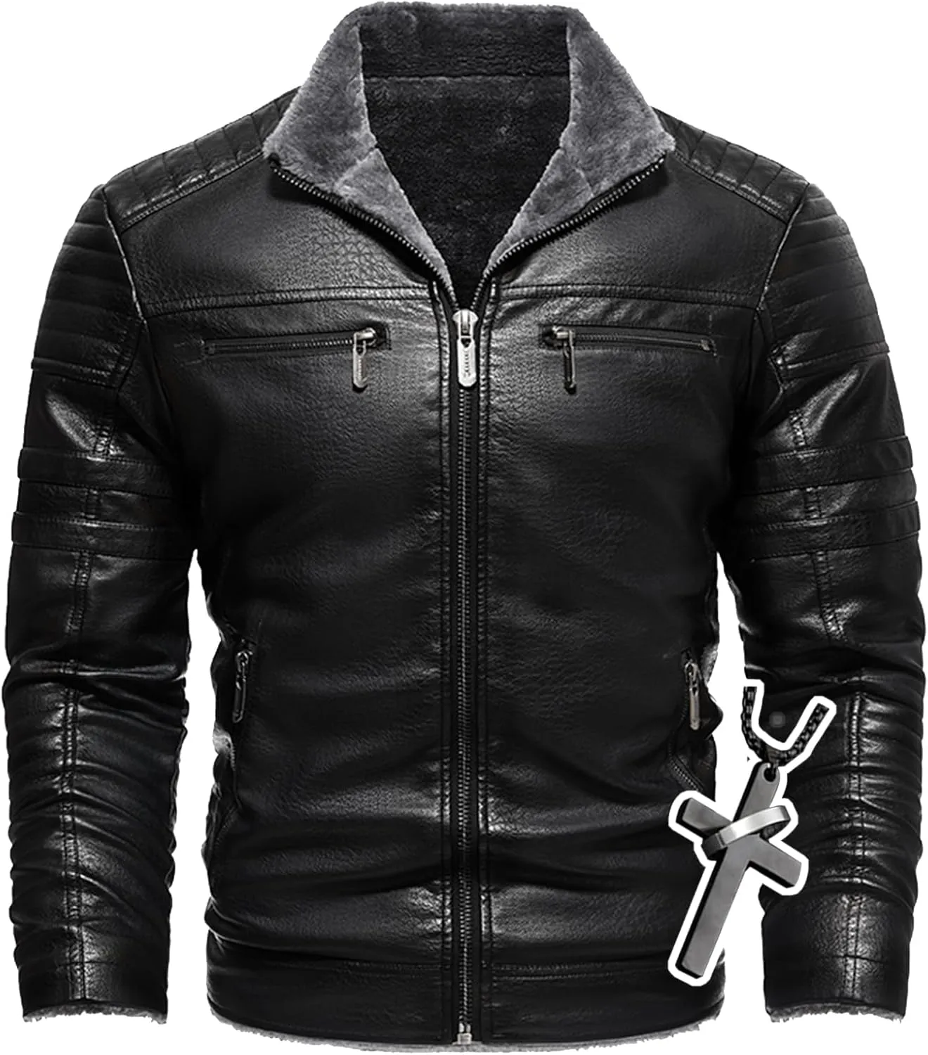 Men's Lamb Wool Bomber Coat Faux Leather Sherpa Fleece Lined Jackets Heavyweight Suede Warm Winter Biker Coat