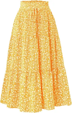 Midi Skirt for Women Summer Tiered Drawstring High Waisted Knee Length Skirt Pleated Aline Elegant Solid Color Skirt