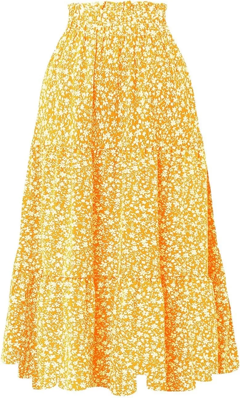 Midi Skirt for Women Summer Tiered Drawstring High Waisted Knee Length Skirt Pleated Aline Elegant Solid Color Skirt