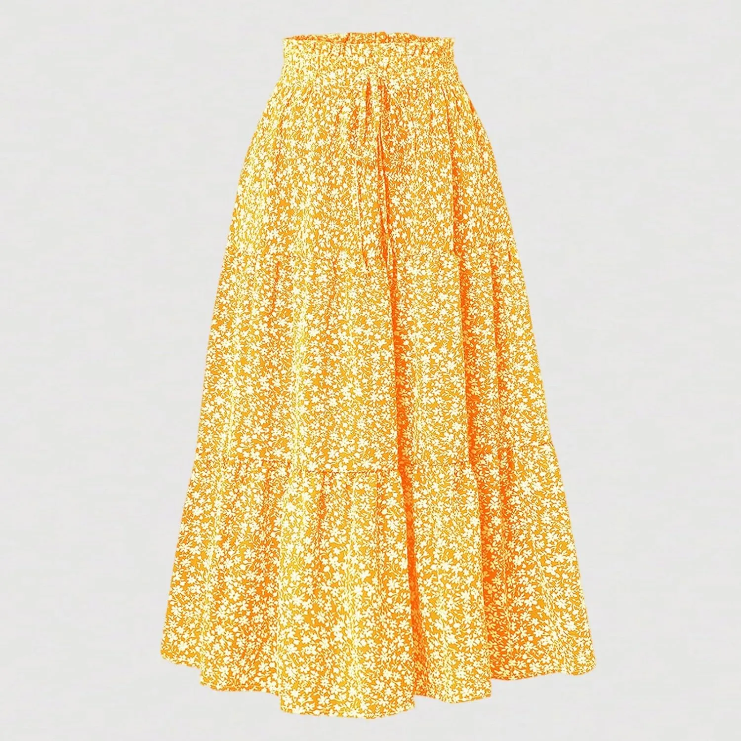 Midi Skirt for Women Summer Tiered Drawstring High Waisted Knee Length Skirt Pleated Aline Elegant Solid Color Skirt