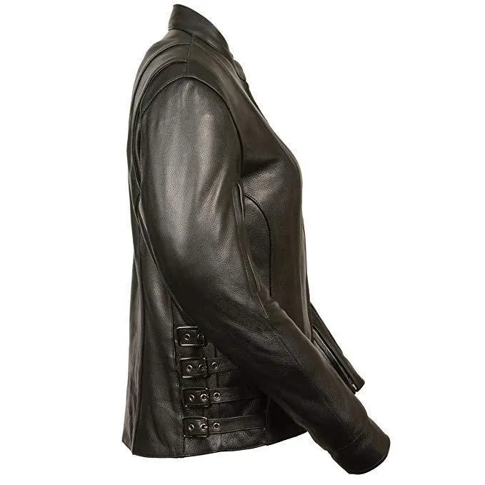 Milwaukee Leather MLL2520 Women's Racer Black Leather Jacket with Side Buckles and Gun Pockets