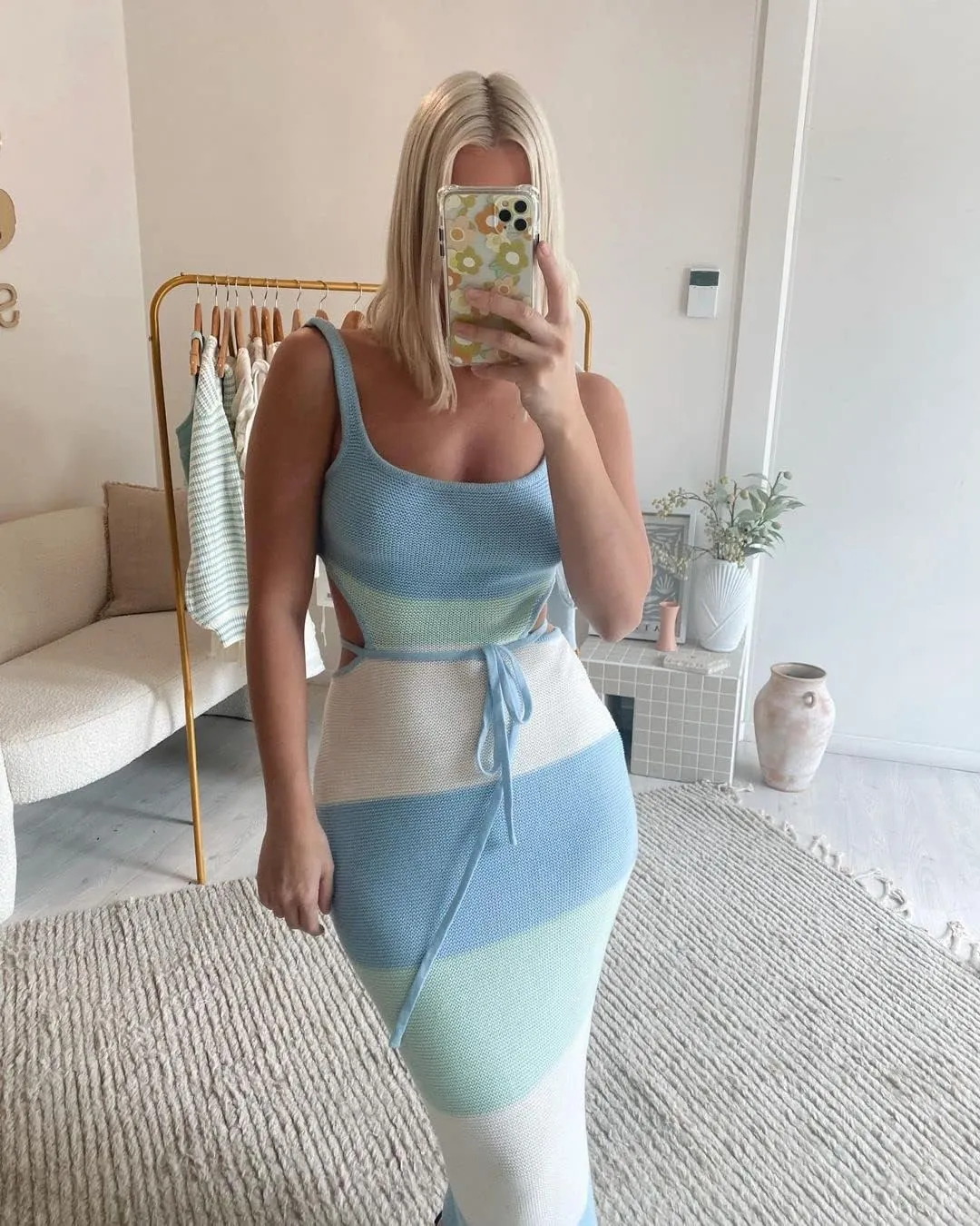 NUFIWI Women Backless Hollow Out Long Dress Sexy Knitted Maxi Dress Bodycon Spaghetti Strap Cocktail Party Midi Dress