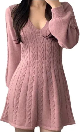 Oplxuo Women's Cable Knit Sweater Dress Casual V-Neck Long Sleeve Flared A-Line Short Mini Dresses for Fall Winter