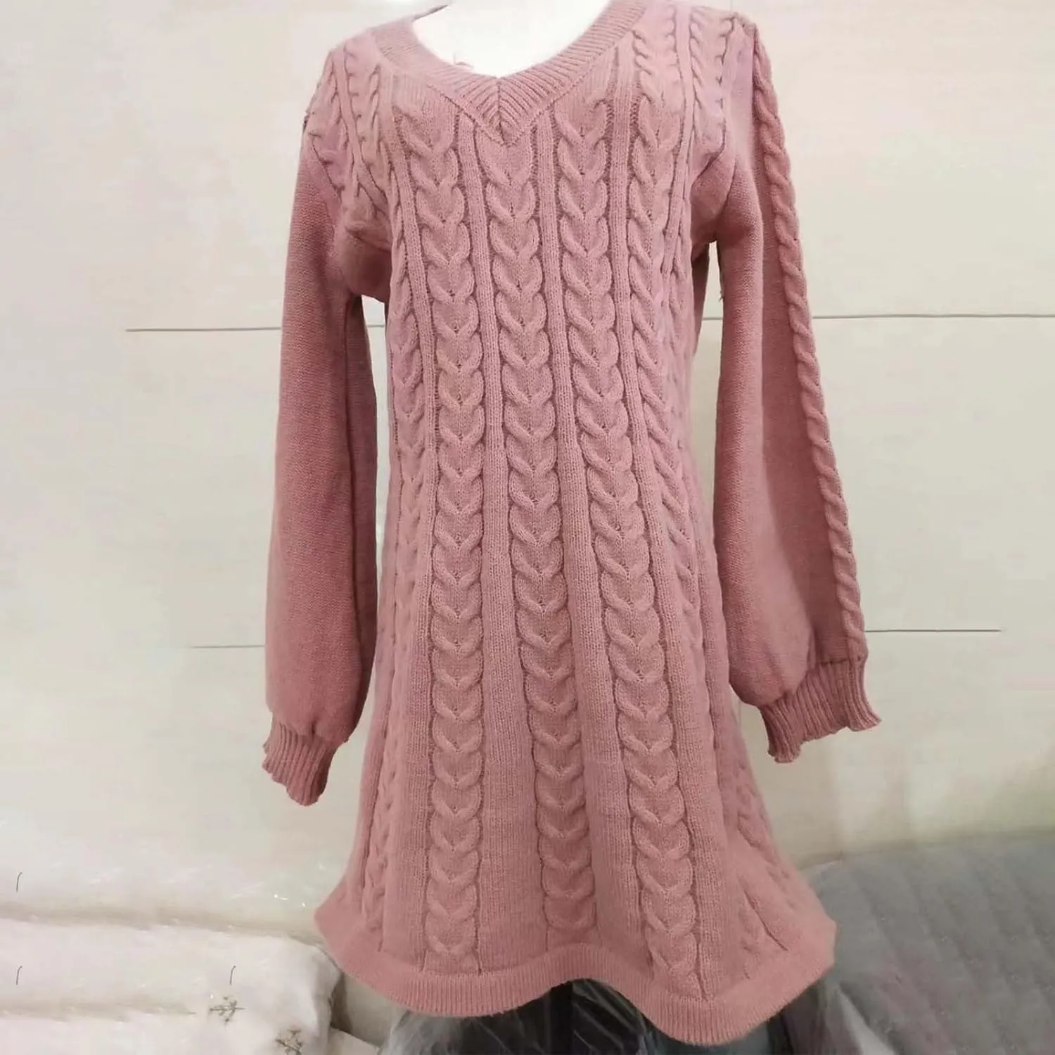 Oplxuo Women's Cable Knit Sweater Dress Casual V-Neck Long Sleeve Flared A-Line Short Mini Dresses for Fall Winter