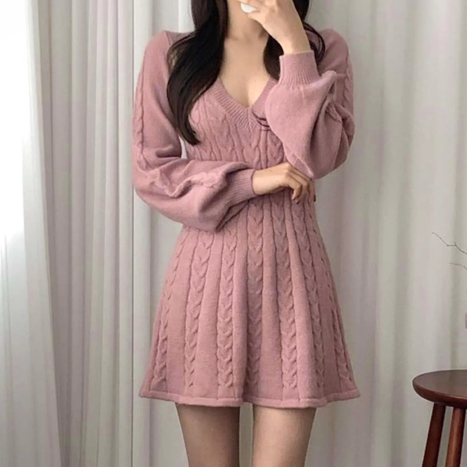 Oplxuo Women's Cable Knit Sweater Dress Casual V-Neck Long Sleeve Flared A-Line Short Mini Dresses for Fall Winter