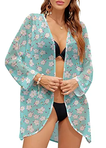 PCEAIIH Women's Floral Kimono Cardigans Chiffon Casual Loose Open Front Cover Ups Tops(Small, Black)