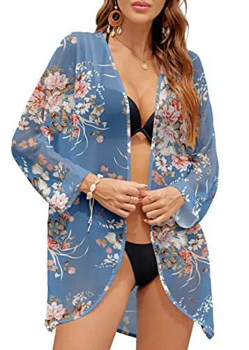 PCEAIIH Women's Floral Kimono Cardigans Chiffon Casual Loose Open Front Cover Ups Tops(Small, Black)