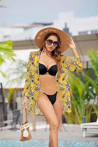 PCEAIIH Women's Floral Kimono Cardigans Chiffon Casual Loose Open Front Cover Ups Tops(Small, Black)