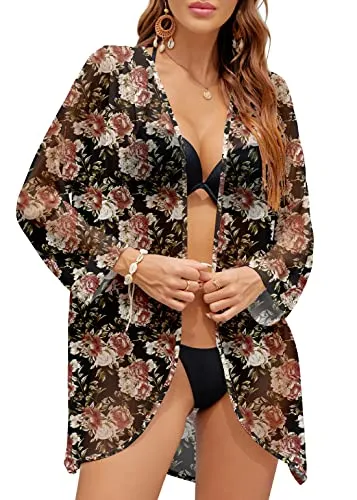 PCEAIIH Women's Floral Kimono Cardigans Chiffon Casual Loose Open Front Cover Ups Tops(Small, Black)