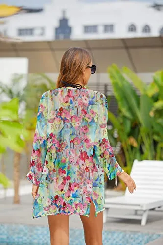 PCEAIIH Women's Floral Kimono Cardigans Chiffon Casual Loose Open Front Cover Ups Tops(Small, Black)