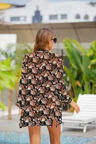 PCEAIIH Women's Floral Kimono Cardigans Chiffon Casual Loose Open Front Cover Ups Tops(Small, Black)
