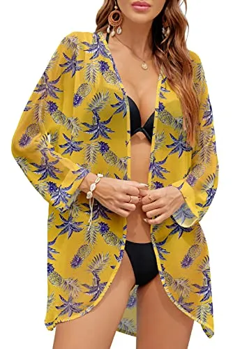PCEAIIH Women's Floral Kimono Cardigans Chiffon Casual Loose Open Front Cover Ups Tops(Small, Black)
