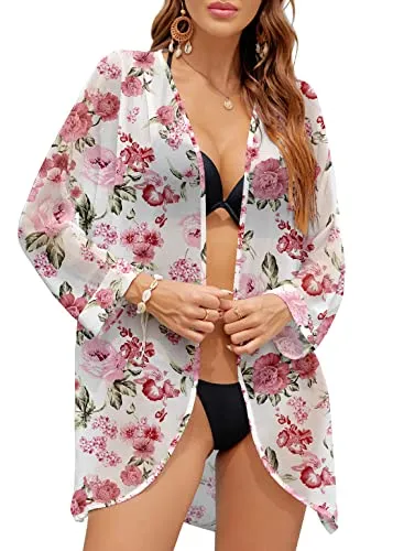 PCEAIIH Women's Floral Kimono Cardigans Chiffon Casual Loose Open Front Cover Ups Tops(Small, Black)