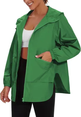 PESION Womens Waterproof Raincoat Lightweight Rain Jacket Trench Coat Hooded Windbreaker With Pockets for Outdoor